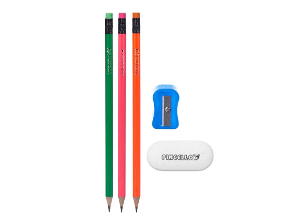 set 3 matite al fluoro con temperamatite in gomma