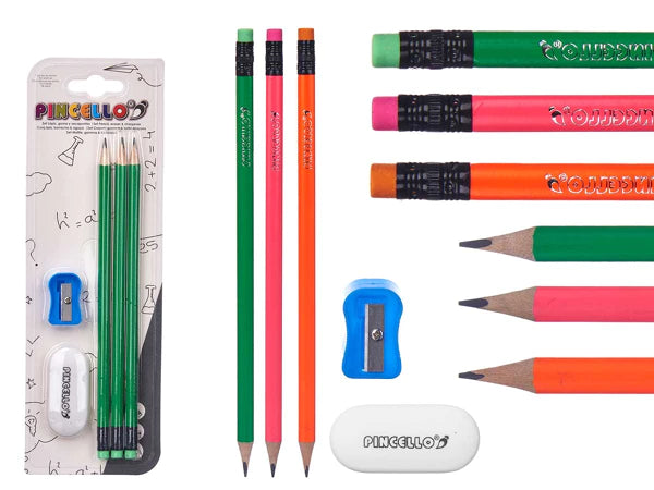 set 3 matite al fluoro con temperamatite in gomma